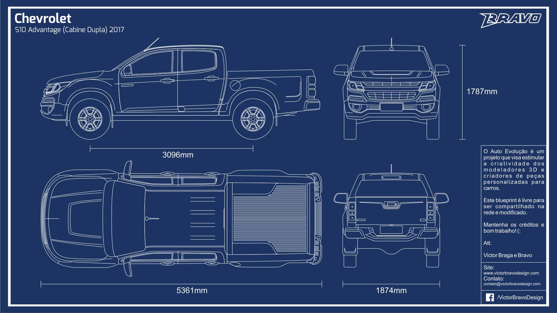 Imagem mostrando o desenho do blueprint do Chevrolet S10 Advantage (Cabine Dupla) 2017