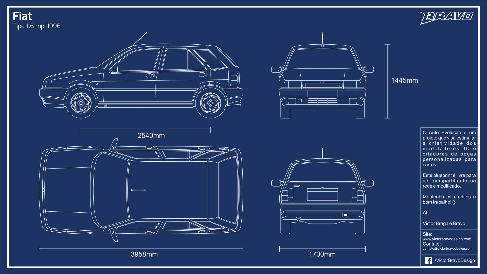Imagem mostrando o desenho do blueprint do Fiat Tipo mpi 1.6 1996