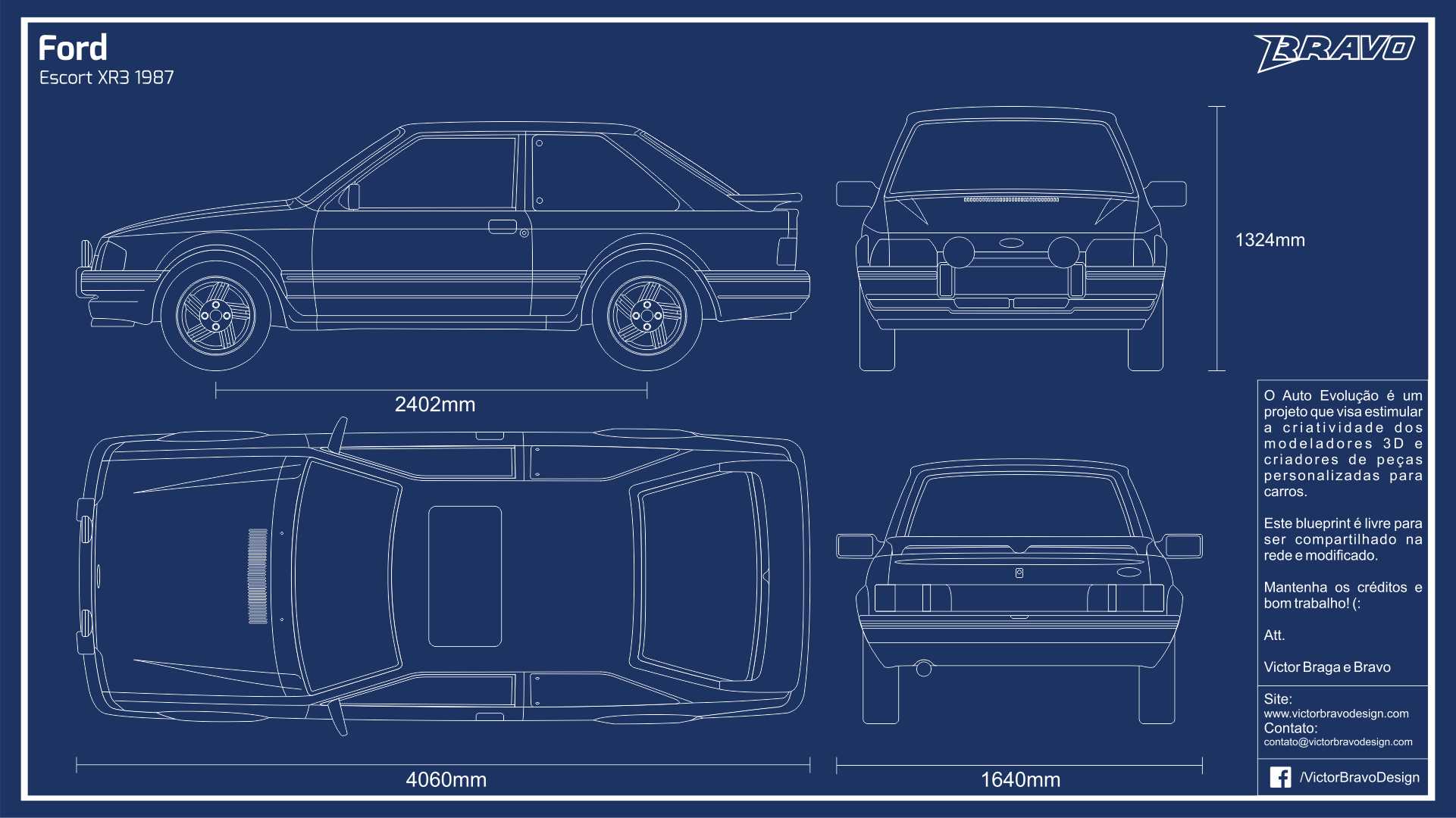 Imagem mostrando o desenho do blueprint do Ford Escort XR3 1987