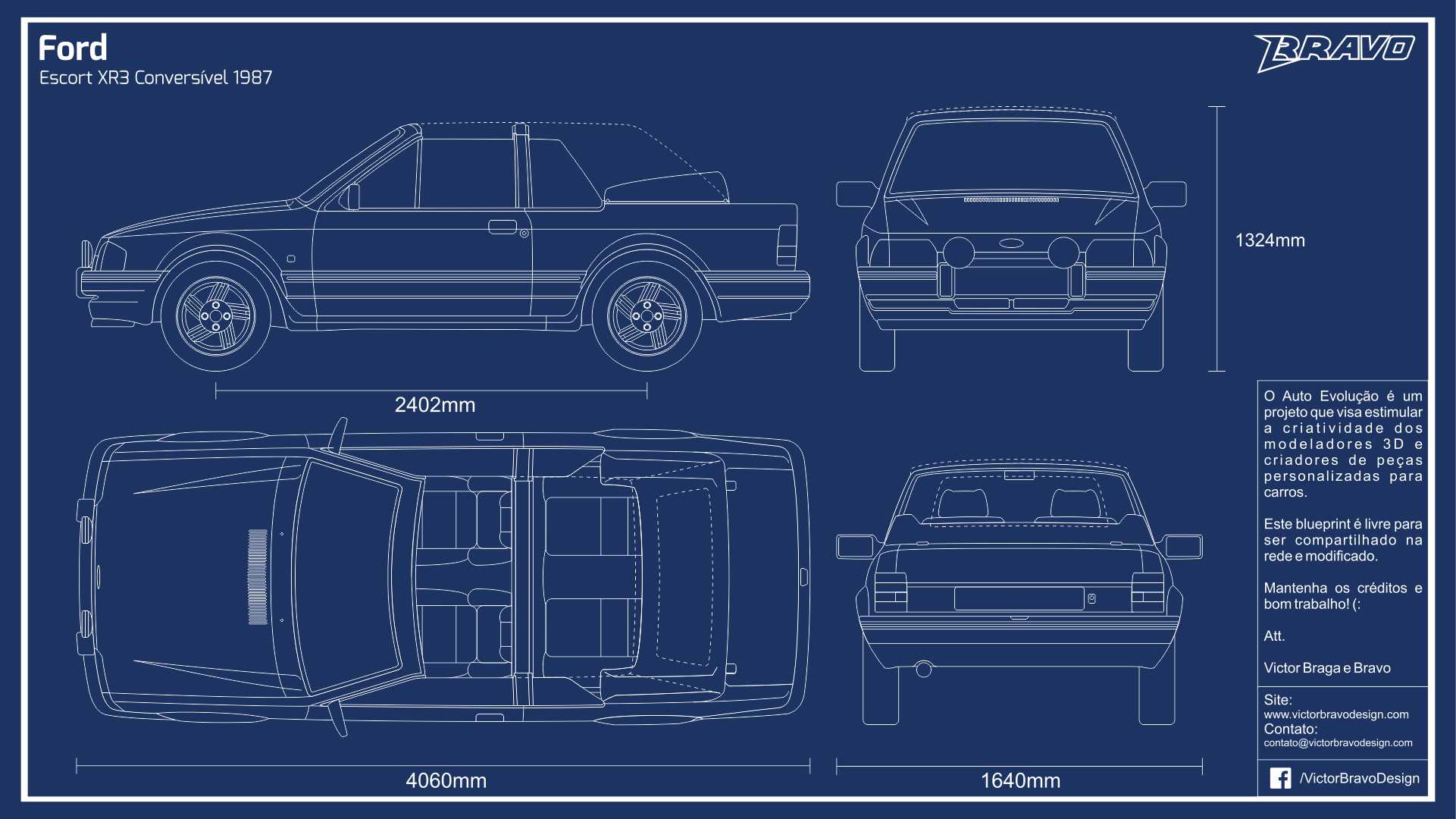 Imagem mostrando o desenho do blueprint do Ford Escort XR3 Conversível 1987