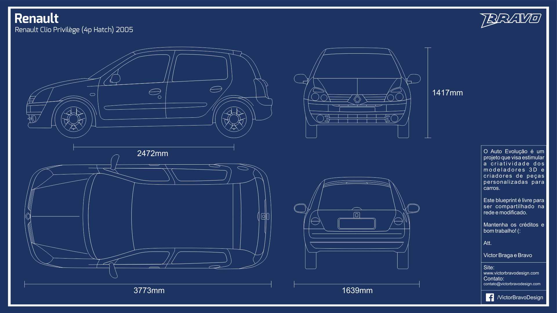 Imagem mostrando o desenho do blueprint do Renault Clio Privilège (Hatch 4 Portas) 2005