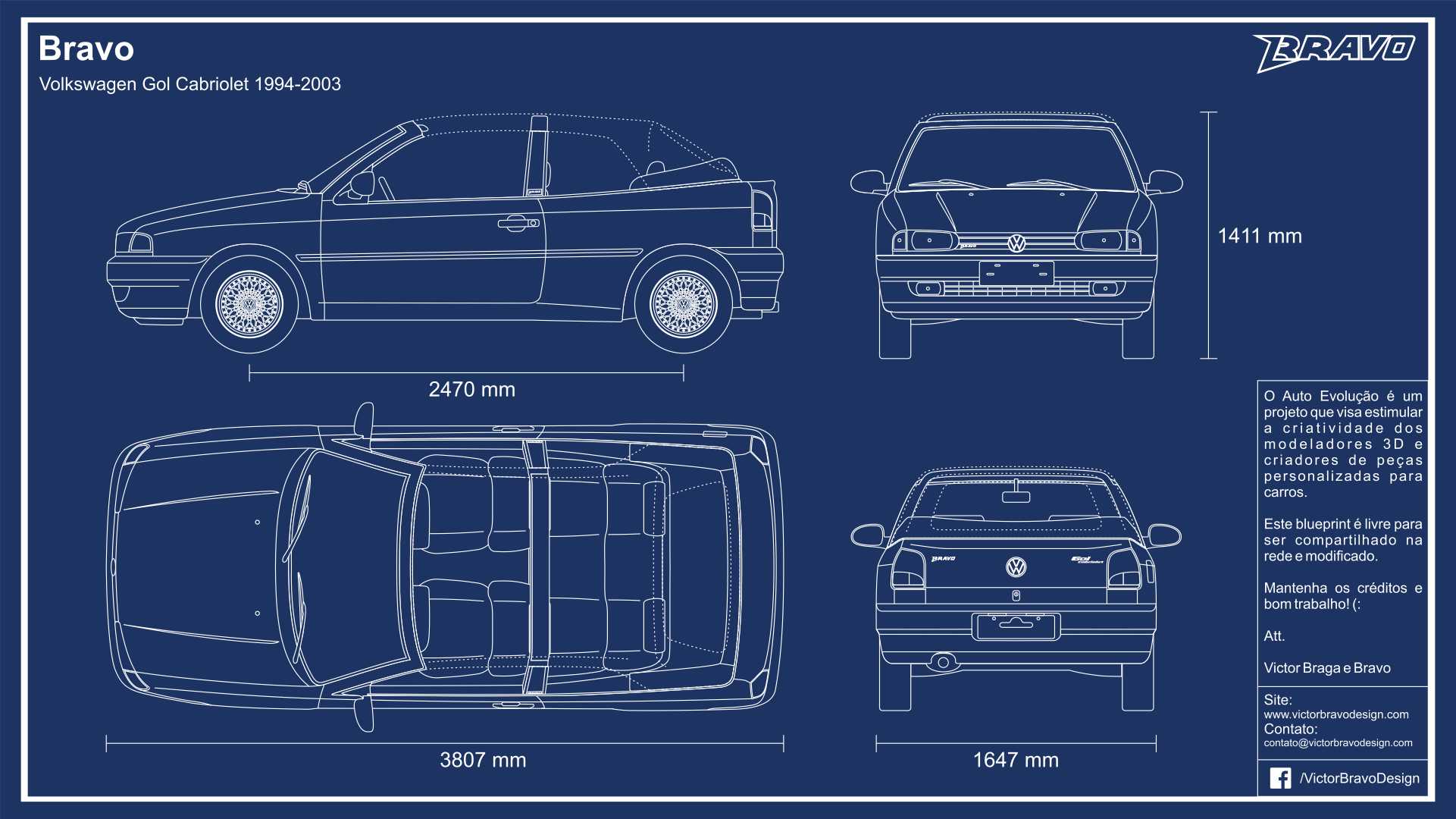 Imagem mostrando o desenho do blueprint do Victor Bravo Design Volkswagen Gol Cabriolet 1994-2003